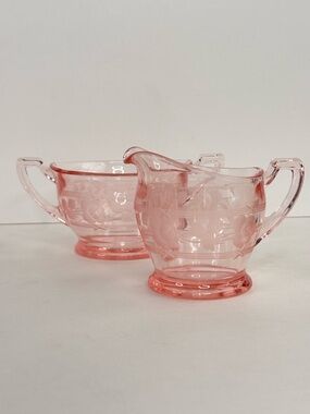 Vintage Etched Rose Pink Depression Glass Creamer and Sugar Set 1920’s 1930’s